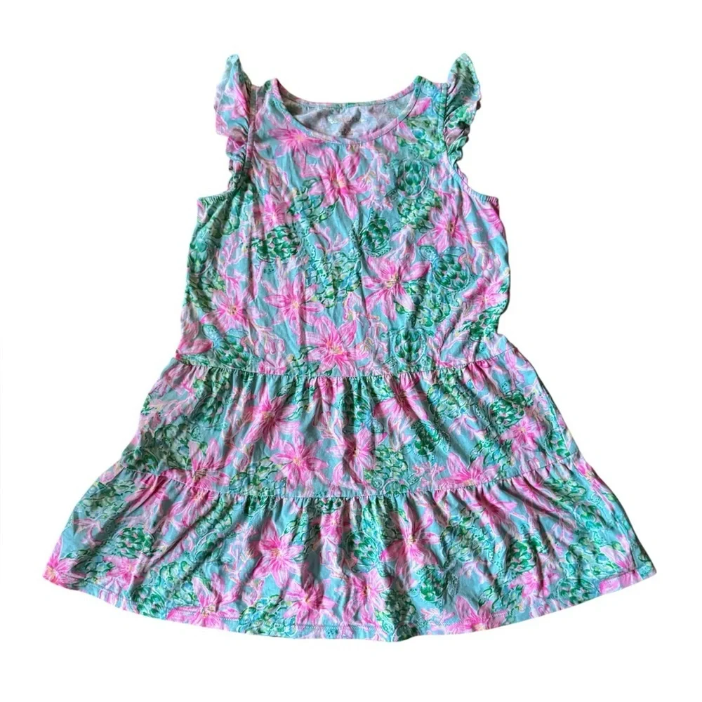 Lilly Pulitzer Girls L 8-10 Brynn Dress Tiered Pink Green Ruffle Sleeve Kids - Picture 2 of 7